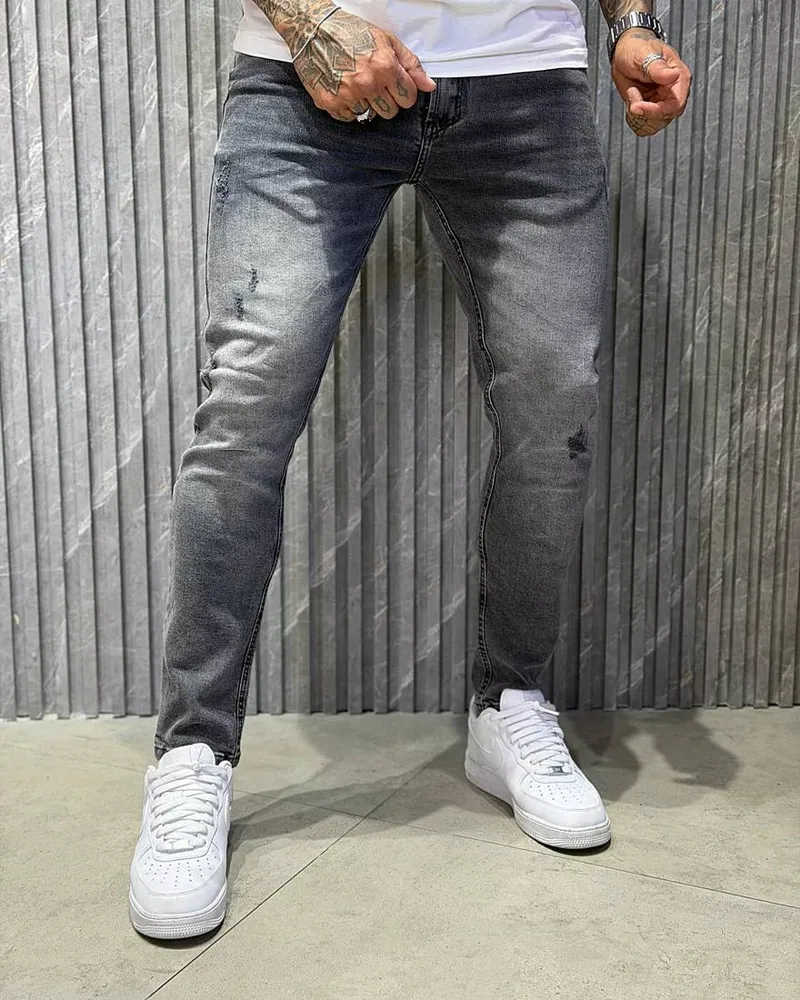 Calça Jayjones jeans cinza lavagem clara destroyed