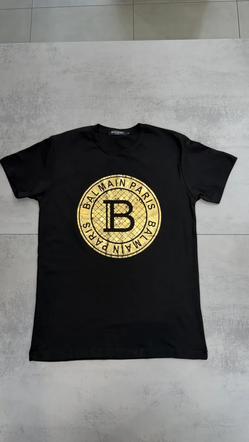 Camisa Balmain 001 Preta Logo Circular Dourado