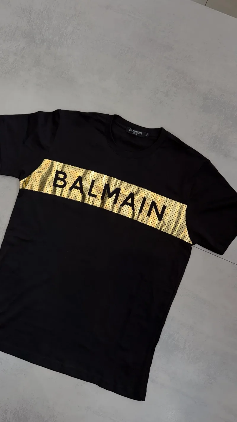 Camisa Balmain 002 Preta Faixa Dourada