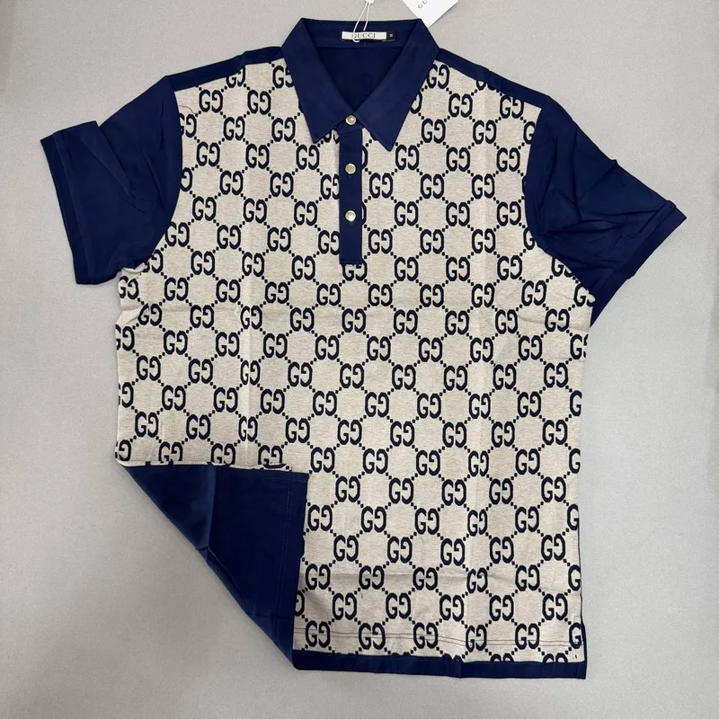 Polo Gucci 87 Bege Azul Marinho Monograma GG