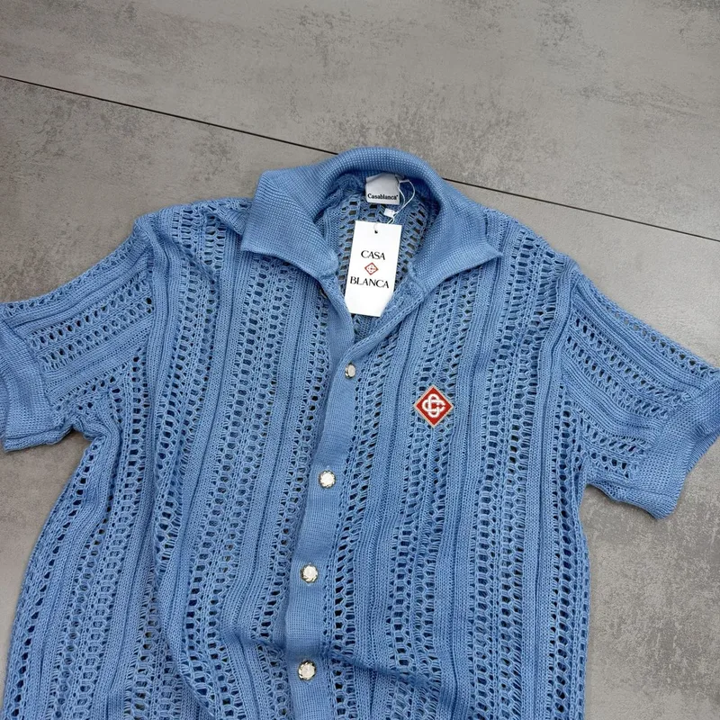 Camisa Polo Casa Blanca Crochê Azul Bebê com Botões