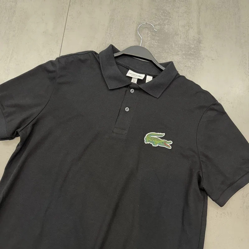 Camisa Polo Lacoste Preta Logo Grande Verde