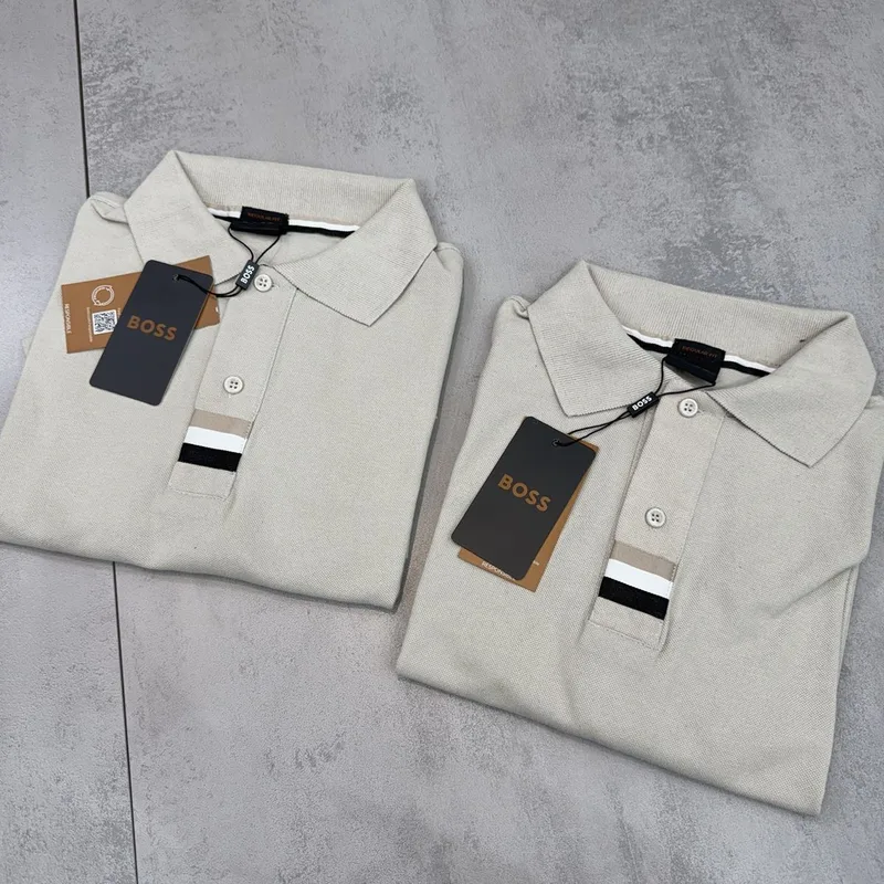 Camisa Polo Boss Bege Faixa Preta/Branca