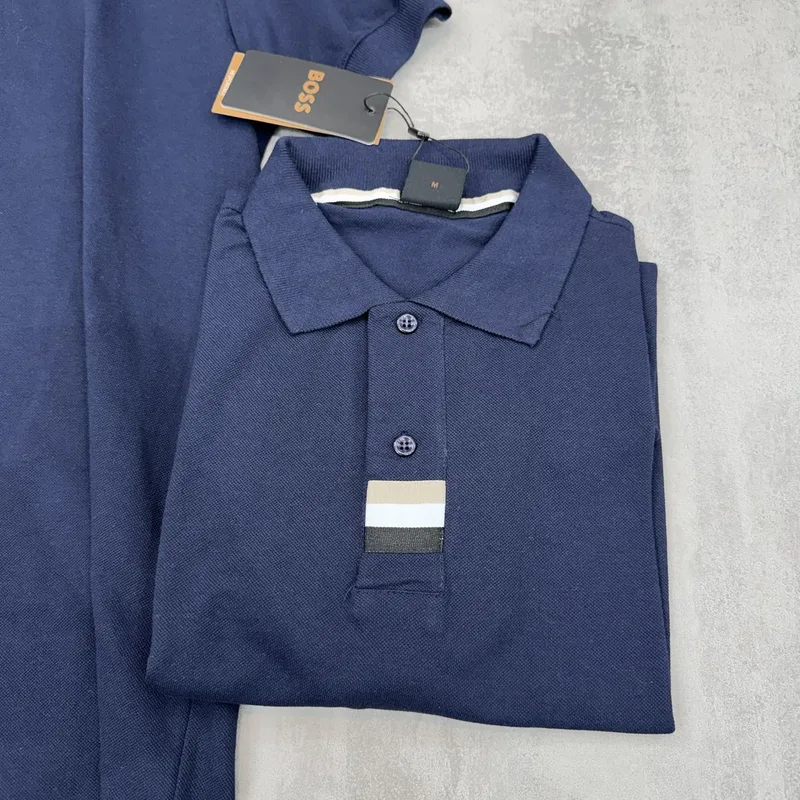 Camisa Polo Boss Azul Marinho Faixa Bege/Branca/Preta