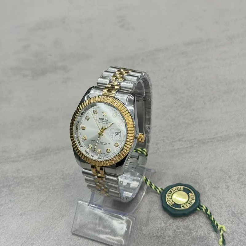Relógio Rolex Prata/Dourado Mostrador Branco com Pedras