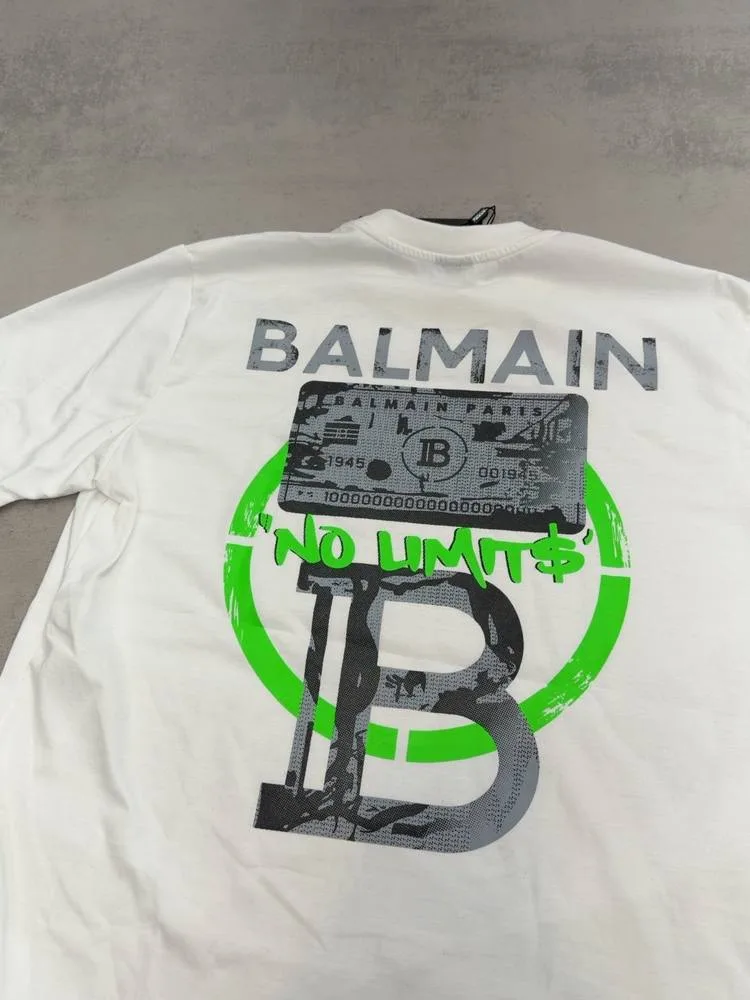 Camiseta Balmain branca estampa No Limit preta/cinza/verde costas