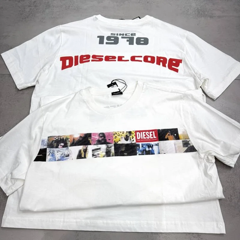 Camiseta Diesel branca faixa de imagens frontal e Diesel Core costas