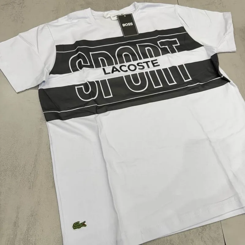 Camiseta Lacoste branca faixas pretas Sport Lacoste