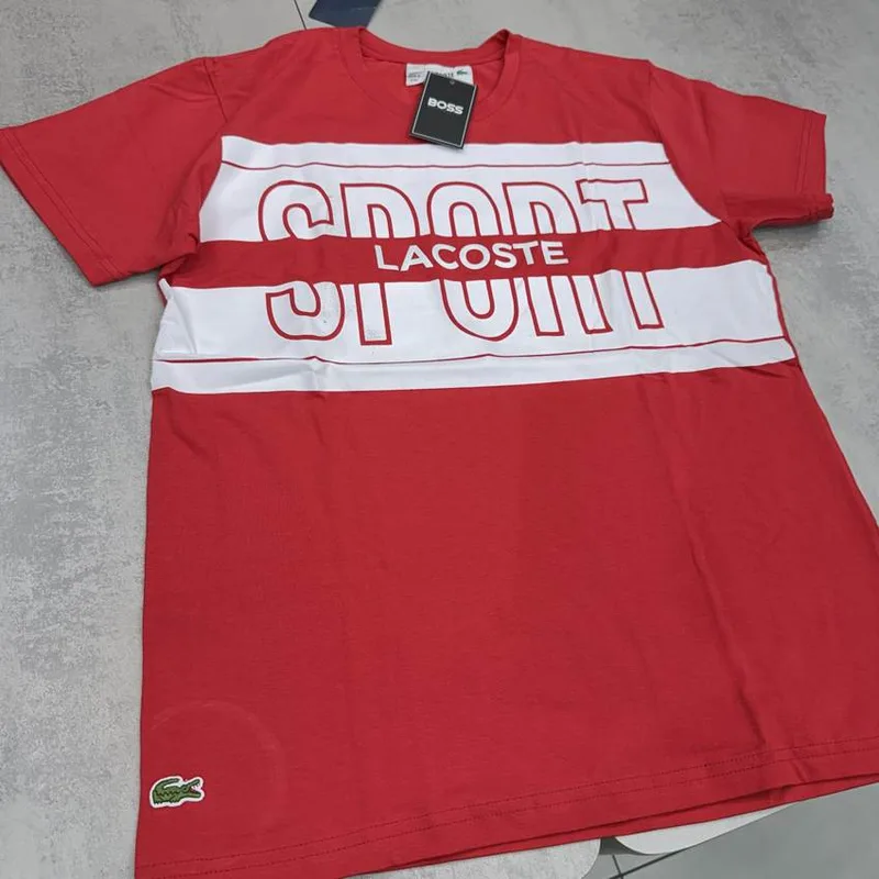 Camiseta Lacoste vermelha faixas brancas Sport Lacoste