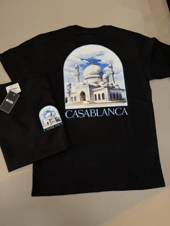Camiseta Casablanca oversized preta mesquita azul e branca costas miniestampa frontal