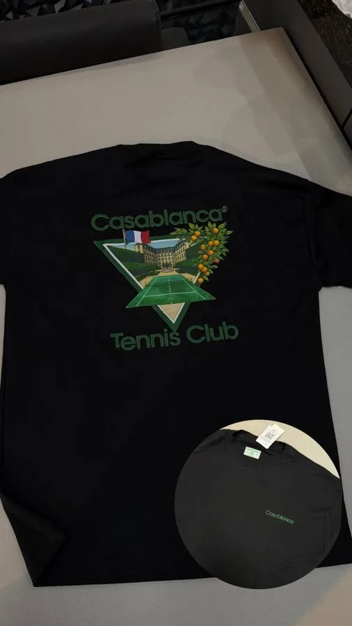 Camiseta Casablanca oversized preta Tennis Club verde costas bandeira e laranjeira logo frontal